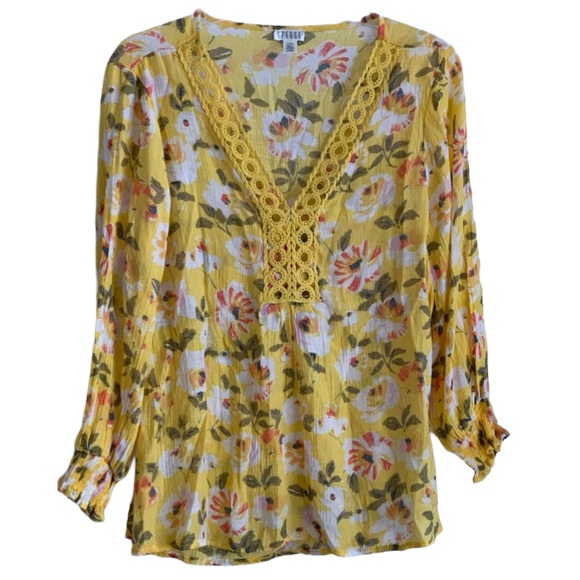 Spense Tops - SPENSE Women’s Yellow Floral Gauze Long Sleeve Blouse Shirt Size: Medium